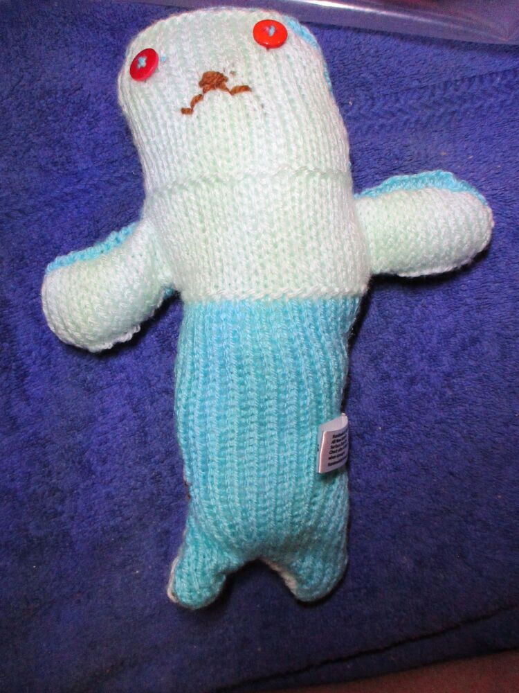 Mint and Aqua Hairless Midi Mermaid with Red Blue Eyes Knitted Soft Toy