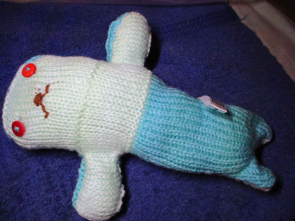 Mint and Aqua Hairless Midi Mermaid with Red Blue Eyes Knitted Soft Toy