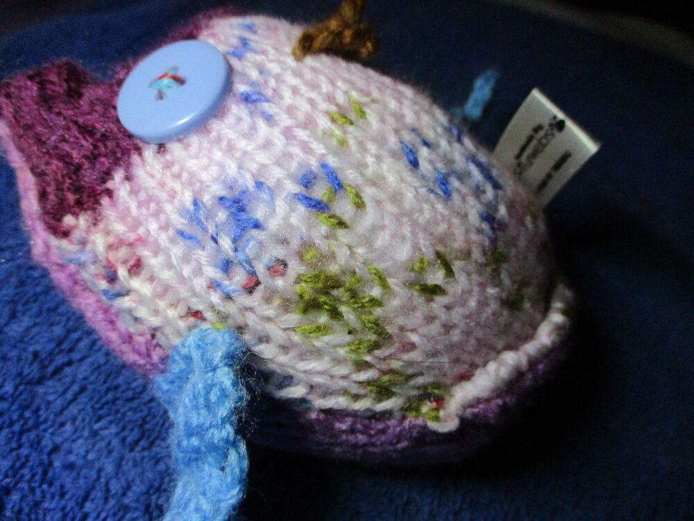 Purple Floral Baby Owl - Powder Blue Eyes - Knitted by KittyMumma