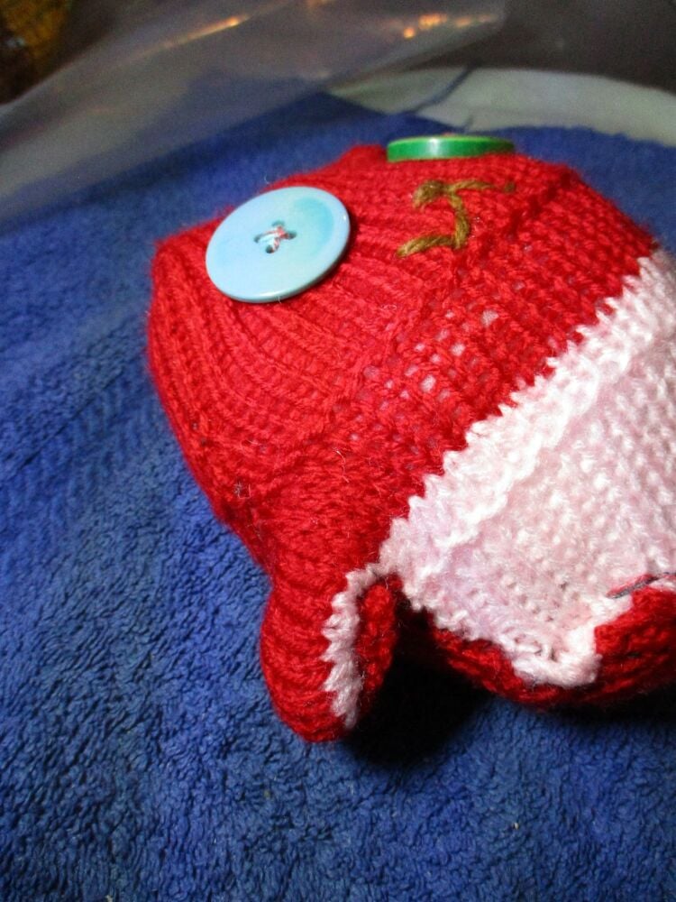 Red with Light Pink Tummy with 1 Green 1 Blue Eyes Midi Ted - Knitted By KittyMumma