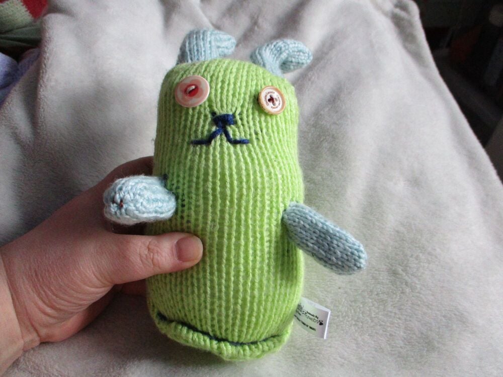 Lime Green with Blue Paws Ears Tail Midi Bunny with 1 Peach 1 Caramel Disc Eyes Knitted By KittyMumma