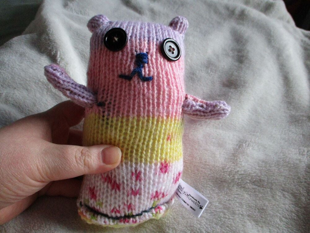 Pink Floral and Lilac Head Midi Kitten Cat with Black Eyes Knitted By Kitty