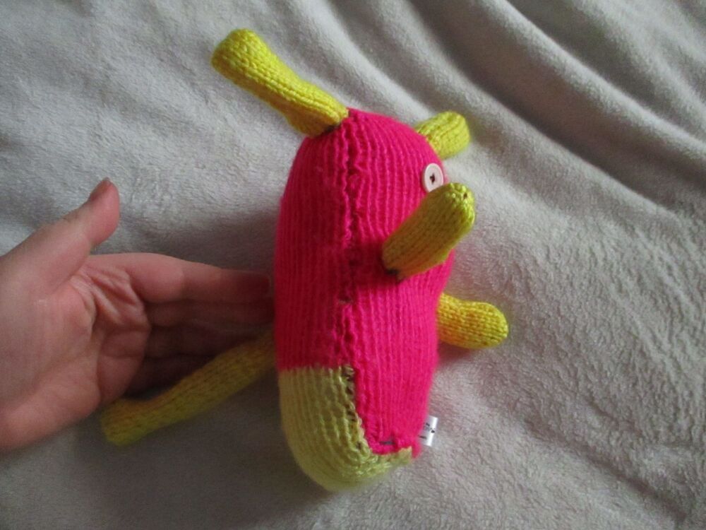 Hot Pink and Yellow Midi Puppy Dog with Beige Cream Eyes Knitted By KittyMumma