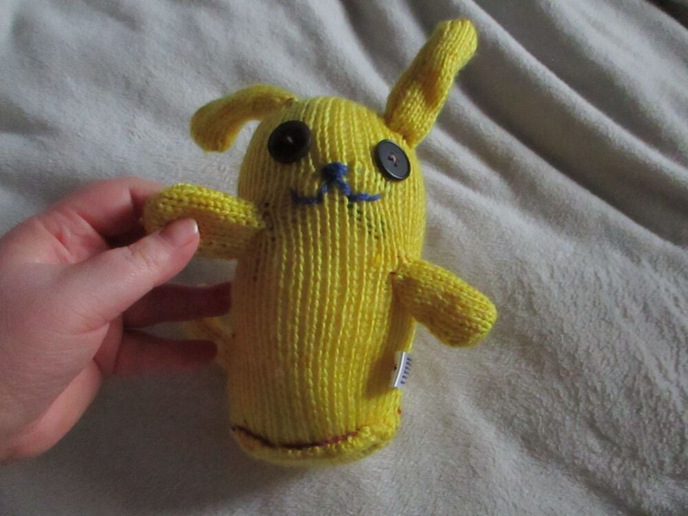 Yellow Midi Puppy Dog with 1 Black 1 Grey Eyes Knitted By KittyMumma