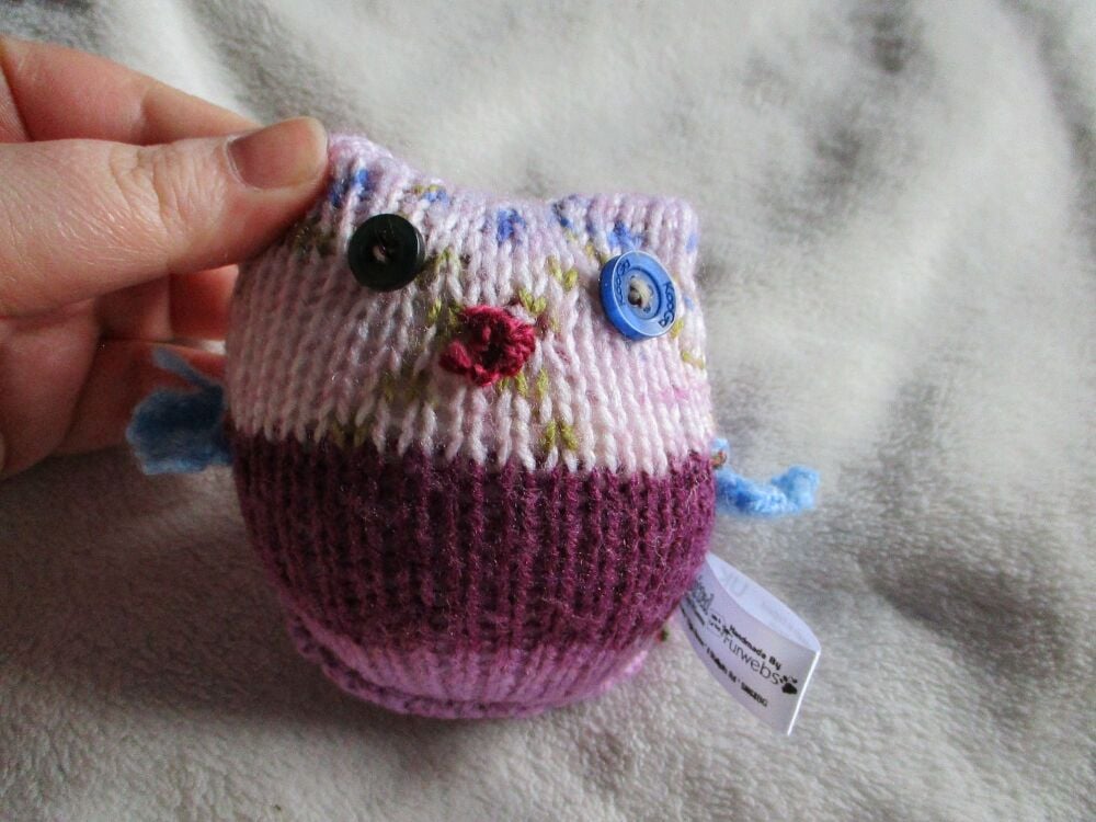 Dark Purple Floral Baby Owl - Blue Wings -1 Dark Green 1 Blue Eyes - Knitte