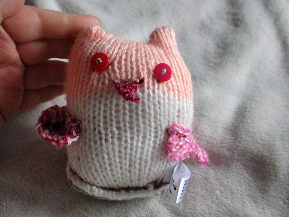 White Peach Grey Baby Owl - Pink White Wings - Red Eyes - Knitted By KittyM