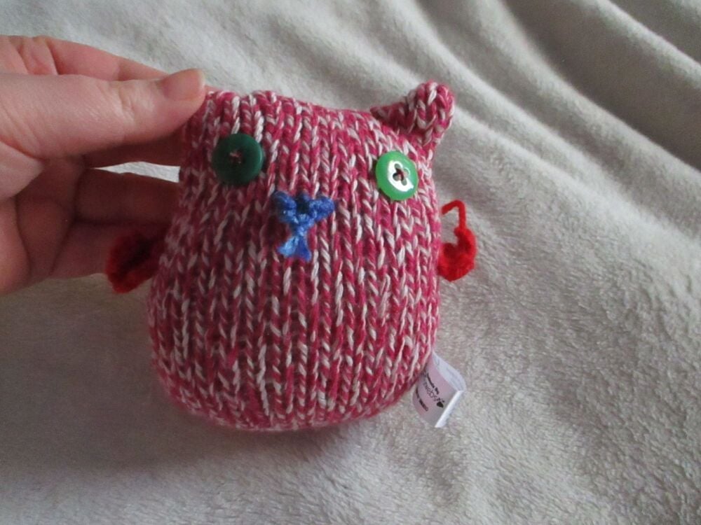 Dark Pink White Mottled Baby Owl - Red Wings - 1 Clear Green 1 Jade Eyes - 