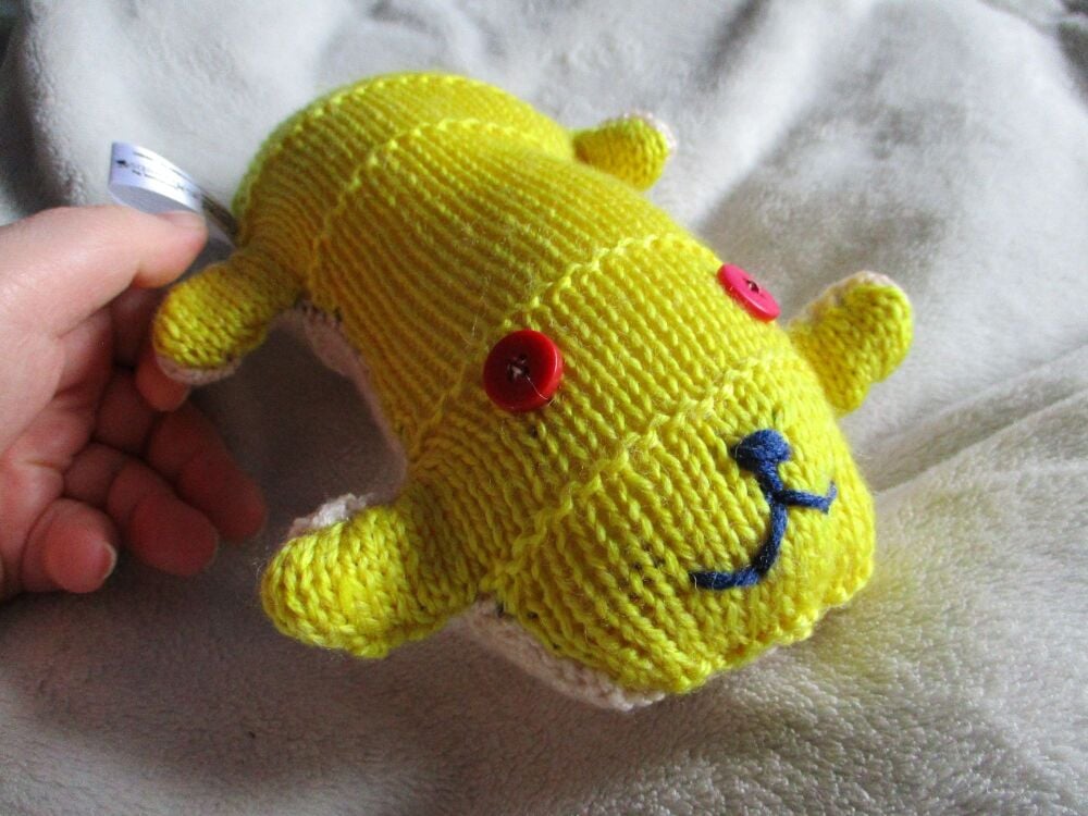 Yellow with Peachy Cream Underside with Pinky Red Eyes Tailless Scuttlecat - Knitted By KittyMumma Soft Toy