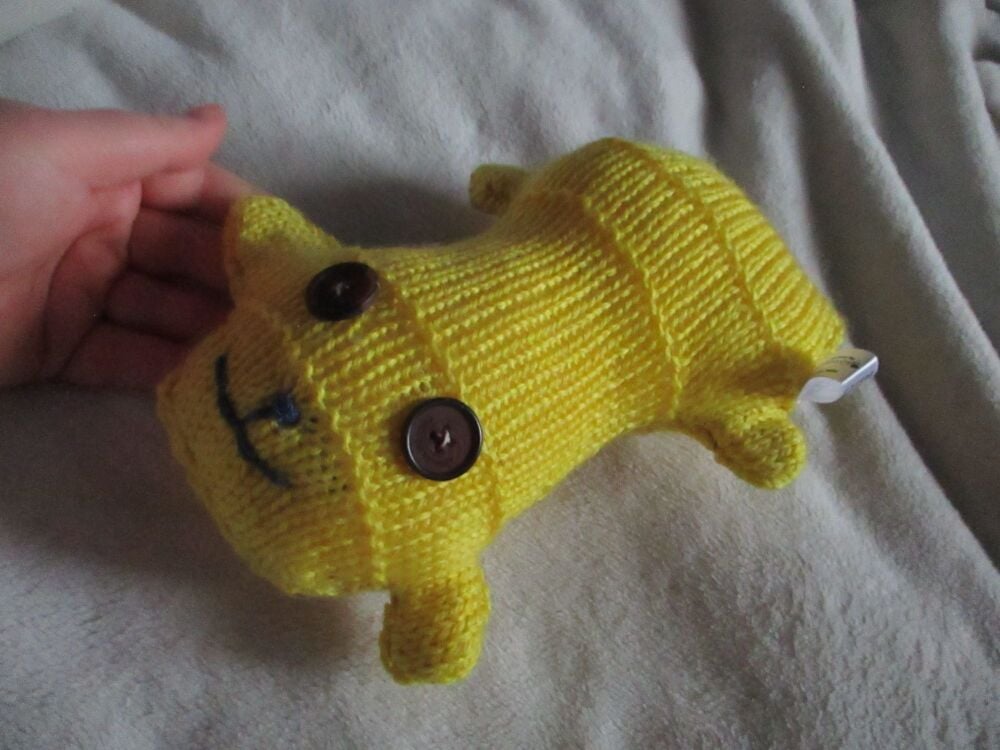 Yellow with Brown Eyes Tailless Scuttlecat - Knitted By KittyMumma Soft Toy