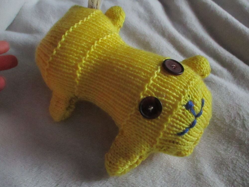 Yellow with Brown Eyes Tailless Scuttlecat - Knitted By KittyMumma Soft Toy