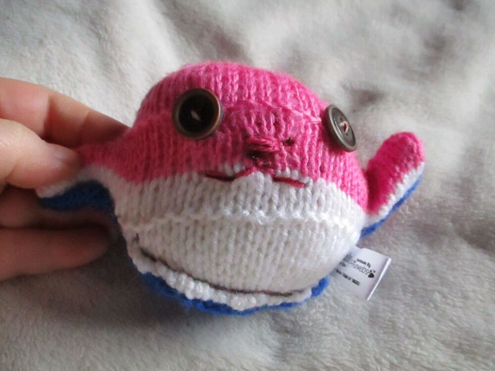 White Dark Pink and Blue With Brown Eyes Mini Ted - Knitted By KittyMumma