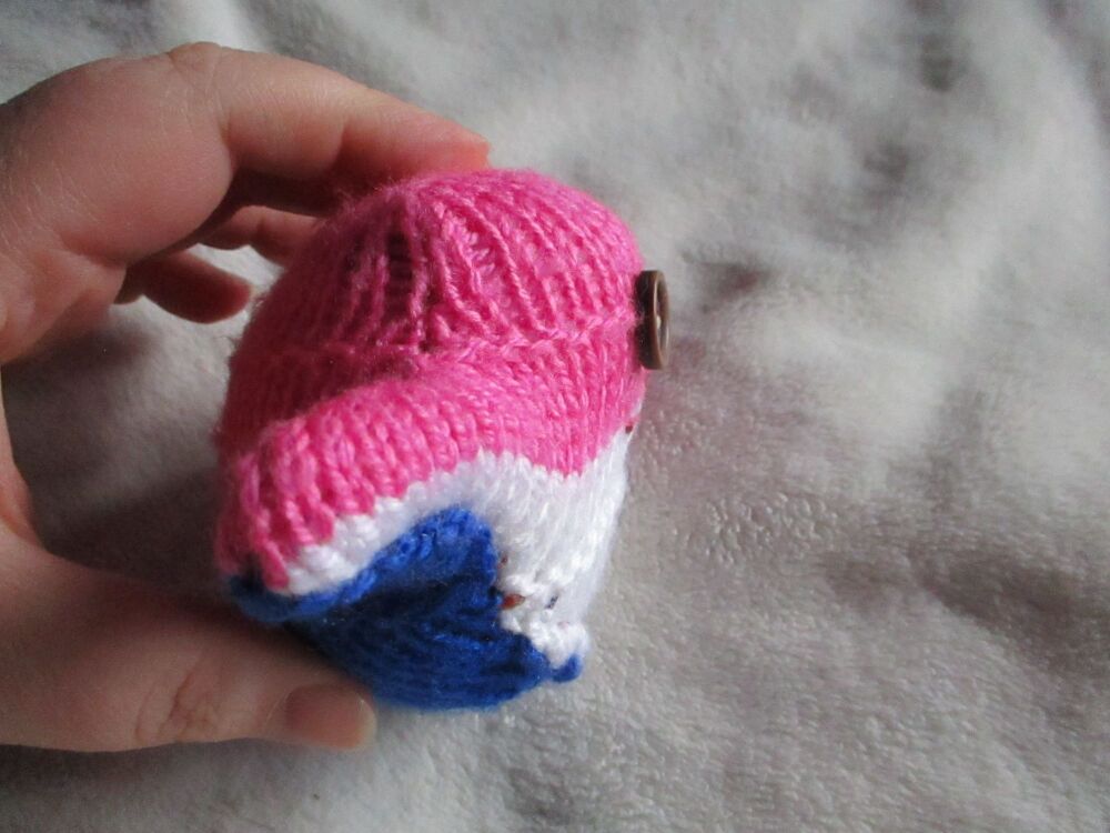 White Dark Pink and Blue With Brown Eyes Mini Ted - Knitted By KittyMumma