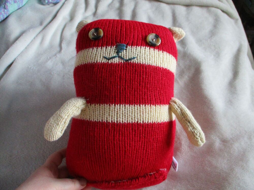 (p)Deep Red with Cream Banded Giant Cat with Brown Black Eyes Knitted By KittyMumma