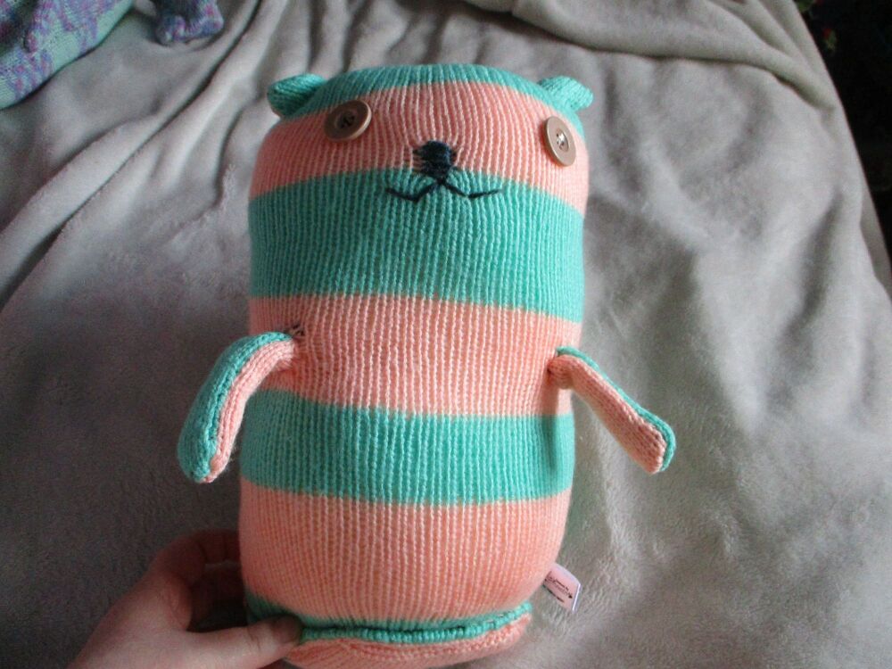 (p)Peach and Dark Mint Banded Giant Cat with Beige Eyes Knitted By KittyMumma