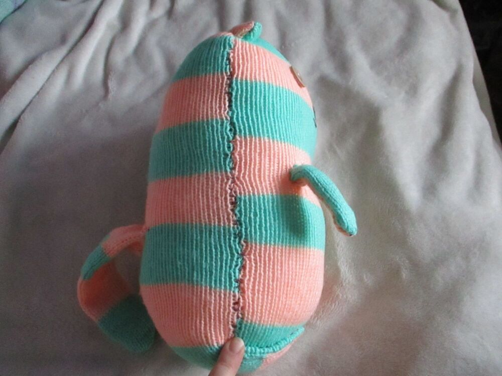(p)Peach and Dark Mint Banded Giant Cat with Beige Eyes Knitted By KittyMumma