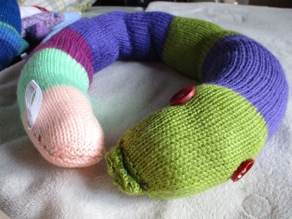 (p)Pea Green Purple Headed Giant Snake - Red Eyes Knitted Soft Toy