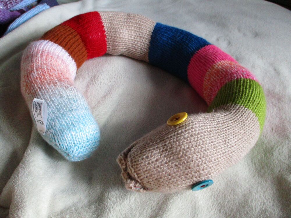 (p)Pale Cream Brown Headed Giant Snake - 1 Yellow 1 Blue Eyes Knitted Soft Toy