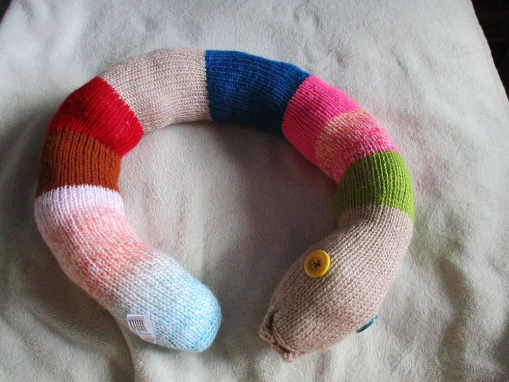 (p)Pale Cream Brown Headed Giant Snake - 1 Yellow 1 Blue Eyes Knitted Soft Toy