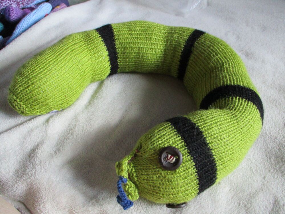 (p)Pea Green and Black Banded Giant Snake - Dark Brown Eyes Knitted Soft Toy