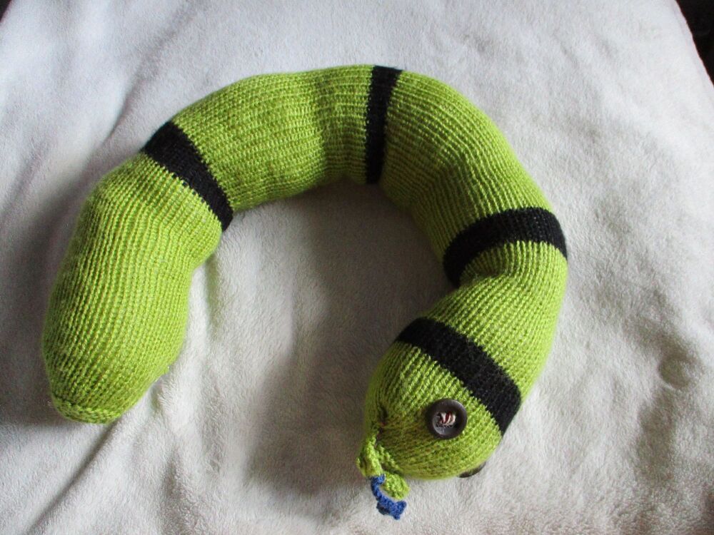 (p)Pea Green and Black Banded Giant Snake - Dark Brown Eyes Knitted Soft Toy