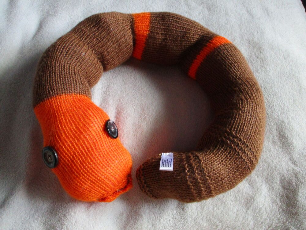 (p)Orange and Brown Banded Giant Snake - Dark Brown Eyes Knitted Soft Toy