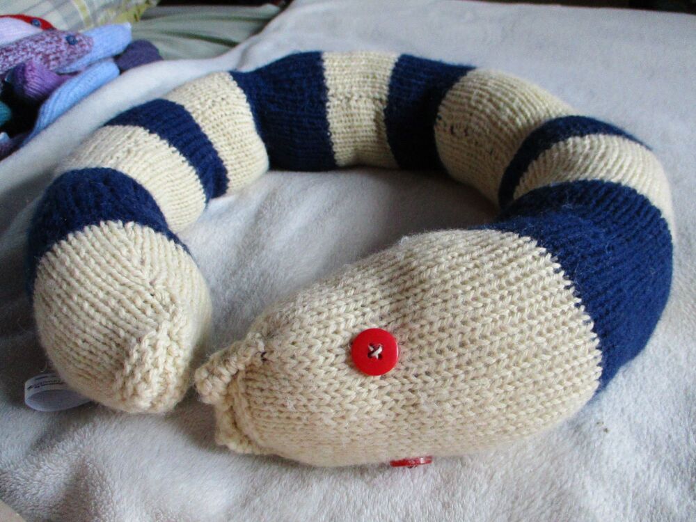 (p)Cream and Dark Navy Blue Banded Giant Snake - Red Eyes Knitted Soft Toy