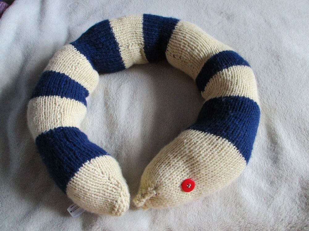 (p)Cream and Dark Navy Blue Banded Giant Snake - Red Eyes Knitted Soft Toy