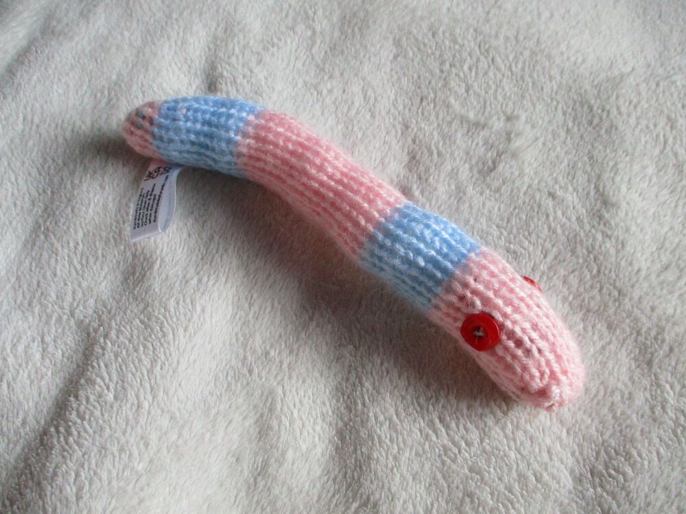 (p)Pale Pink Blue Banded Slim Midi Snake with Red Eyes Knitted Soft Toy