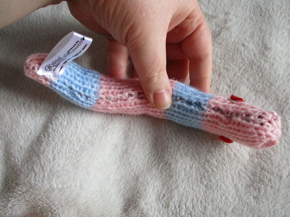 (p)Pale Pink Blue Banded Slim Midi Snake with Red Eyes Knitted Soft Toy
