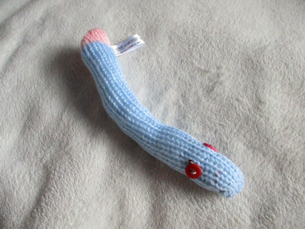 Pale Blue with Pink Tip Slim Midi Snake with Reddish Pink Eyes Knitted Soft Toy