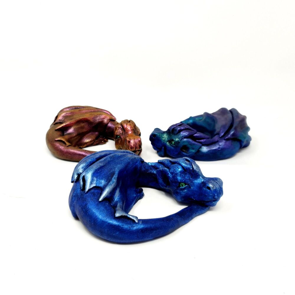 Large Iridescent Purple Blue Laying Dragon Ornament Decoration (W/ green eyes)