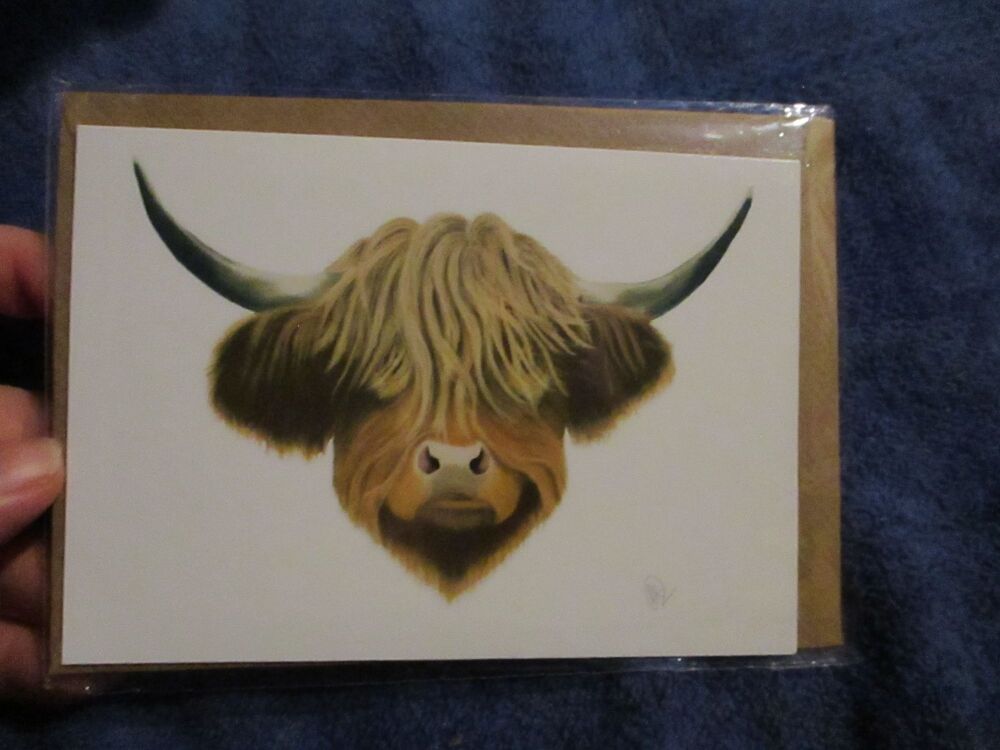 Highland Coo with Brown Envelope-  Greeting Card - A6 Size. By Goblin Dreams