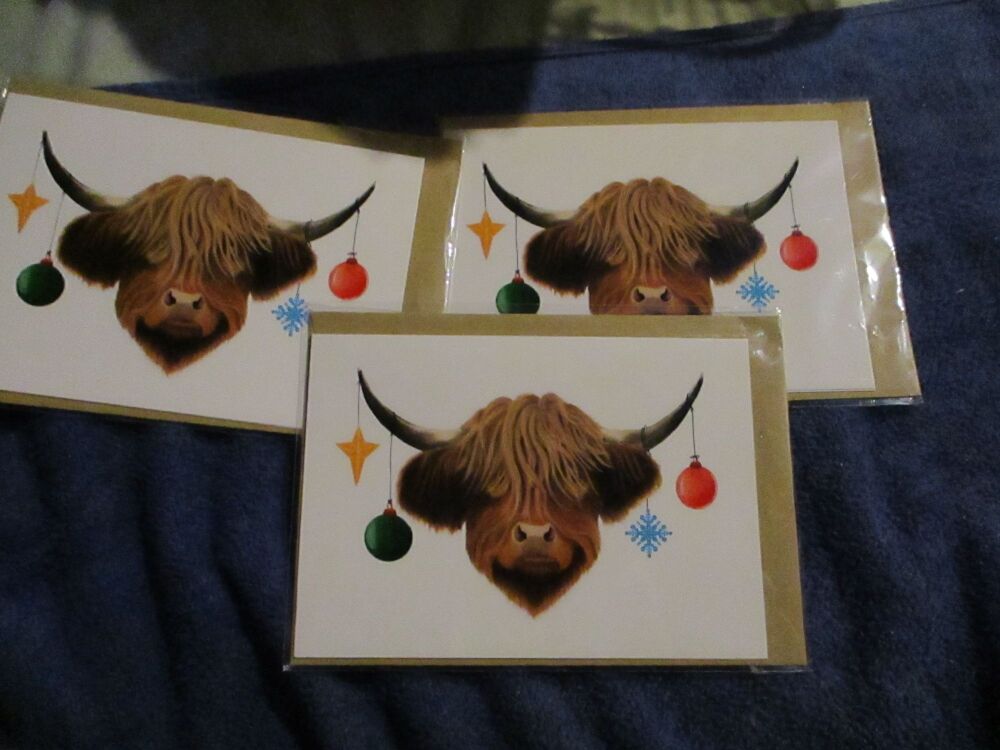 Christmas Highland Coo with Brown Envelope-  Greeting Card - A6 Size. By Goblin Dreams