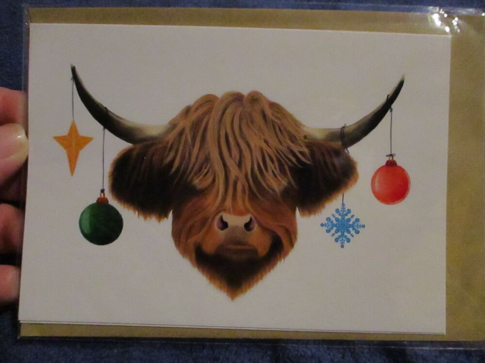 Christmas Highland Coo with Brown Envelope-  Greeting Card - A6 Size. By Goblin Dreams