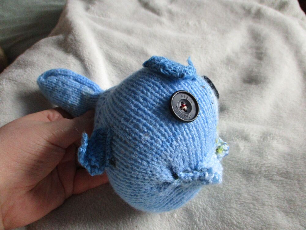 (p)Floral Blue Midi Fish with Big Black Eyes Knitted Soft Toy