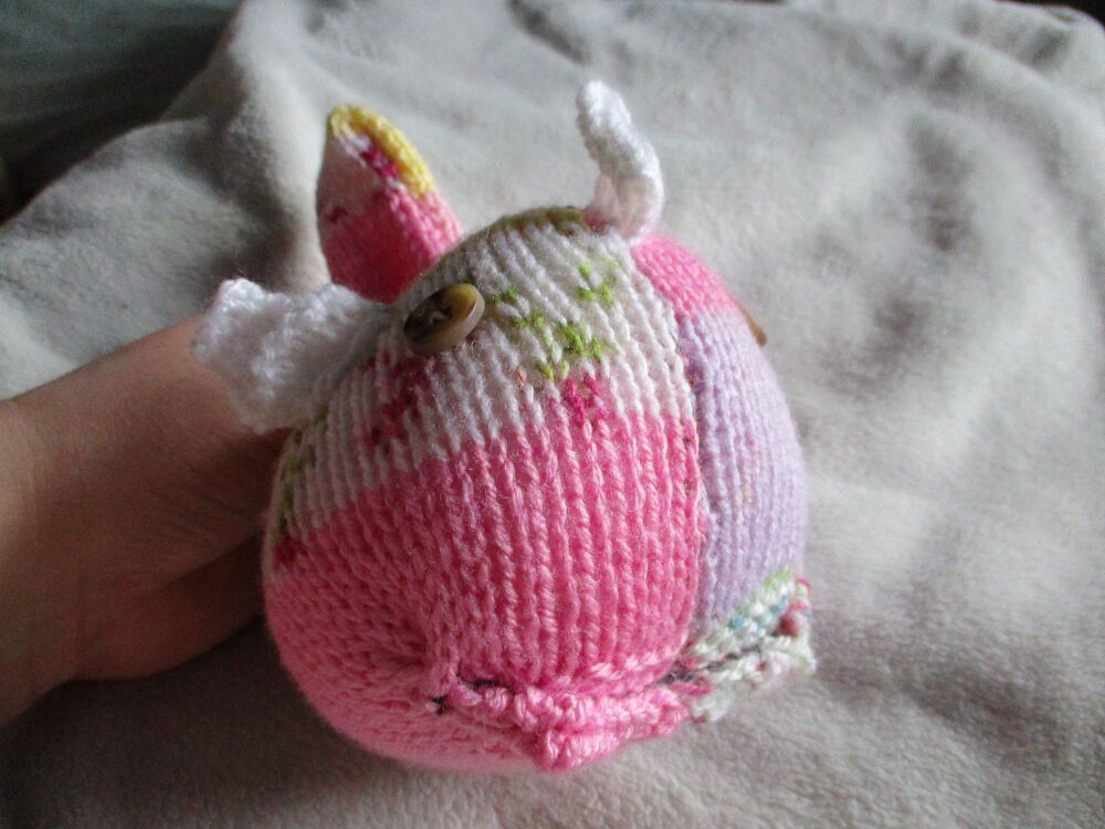 (p)Pink Floral Midi Fish with Brown Splodge Eyes Knitted Soft Toy