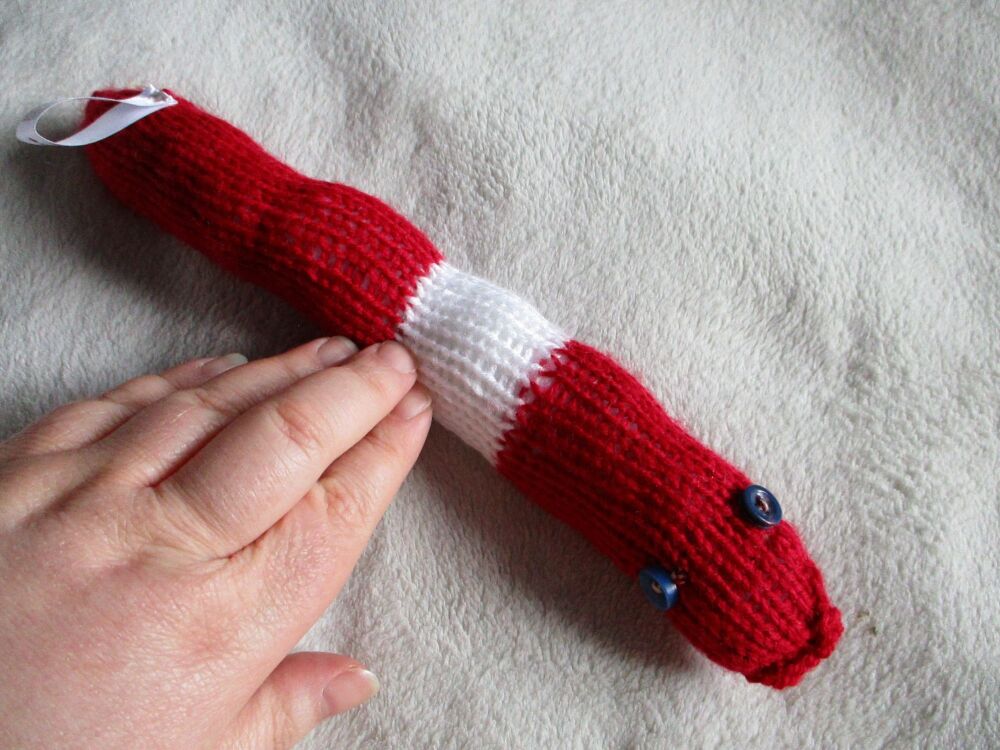 (p)Lumpy Red and White Med-Midi Snake with Dark Blue Eyes Knitted Soft Toy