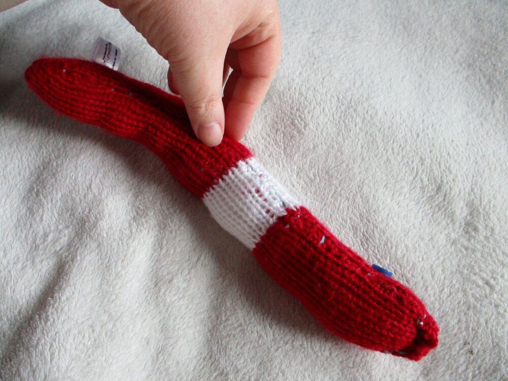 (p)Lumpy Red and White Med-Midi Snake with Dark Blue Eyes Knitted Soft Toy
