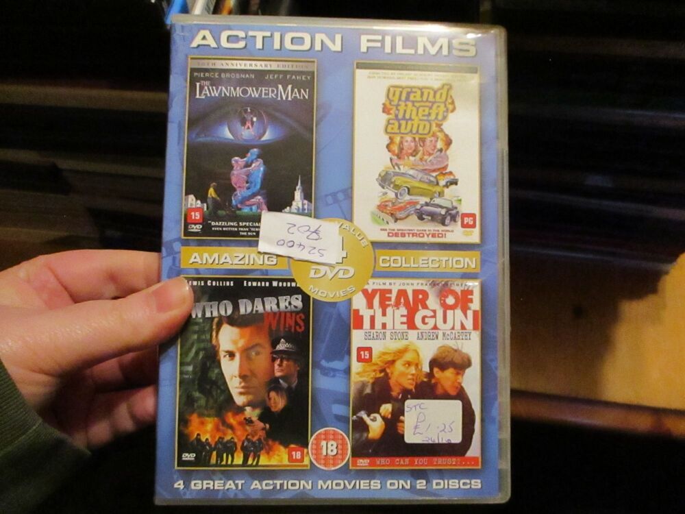 4 Action Films Collection - Lawn Mower Man/Grand Theft Auto/Who Dares Wins/Year Of The Gun - DVD - FP/Dusty Disc VGC Case - Pal (S2400702)