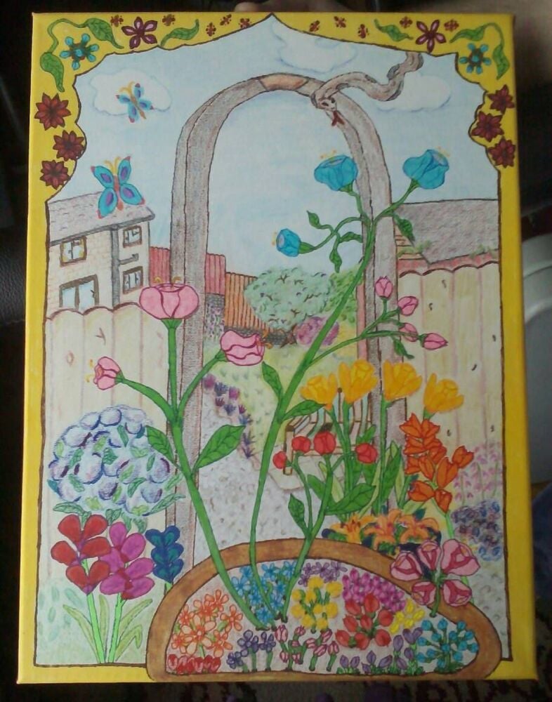 Among the flowerbeds - Mixed media on canvas - by Kitty Johnson. Serpent, Flowers, Garden, Den, Hideaway, Beautiful Day