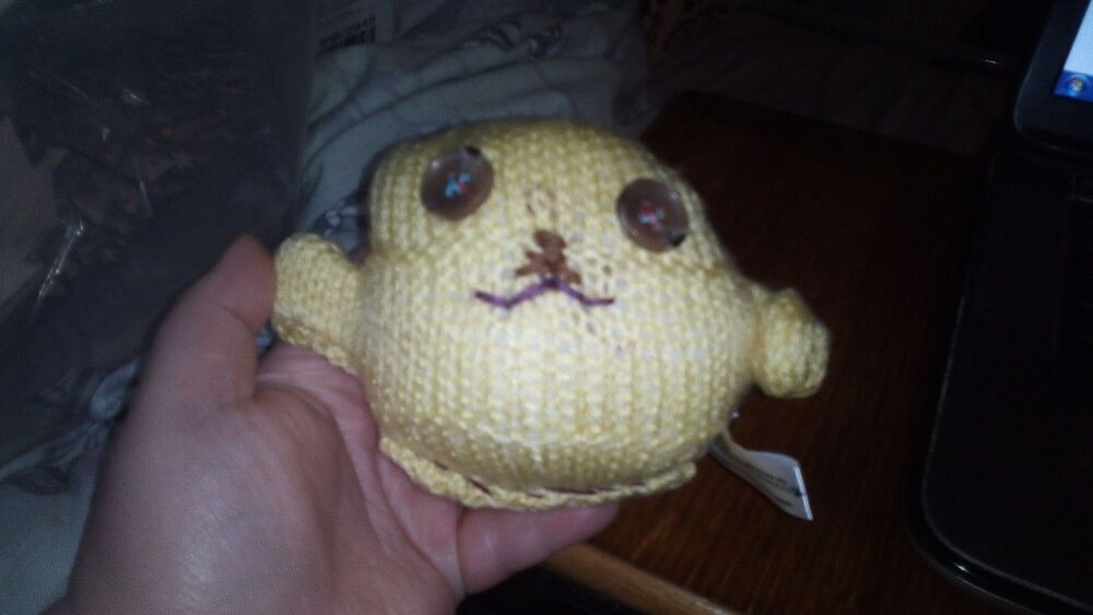 (p)Mayo Yellow With Brown Mottled Eyes Mini Ted - Knitted By KittyMumma