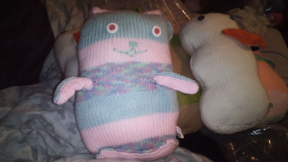 Pink, Rainbow and Blueish Grey Giant Bunny with White and Pink Eyes Knitted By KittyMumma