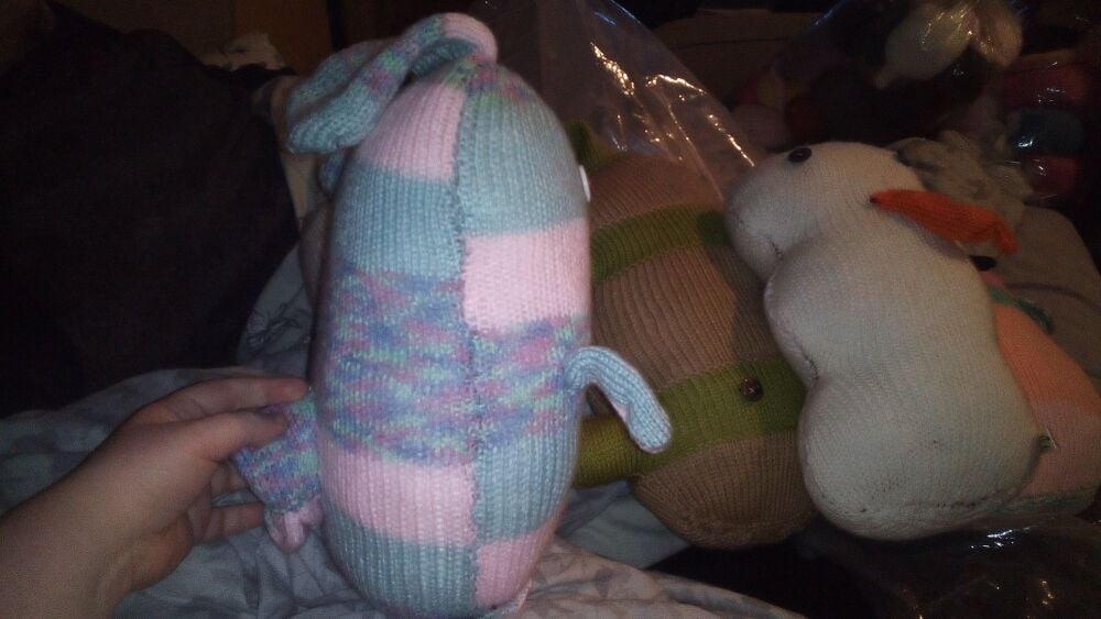 Pink, Rainbow and Blueish Grey Giant Bunny with White and Pink Eyes Knitted By KittyMumma