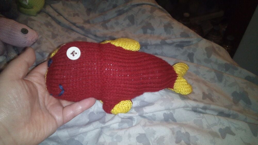 Yellow and Red Midi MerFish with White Eyes Knitted Soft Toy