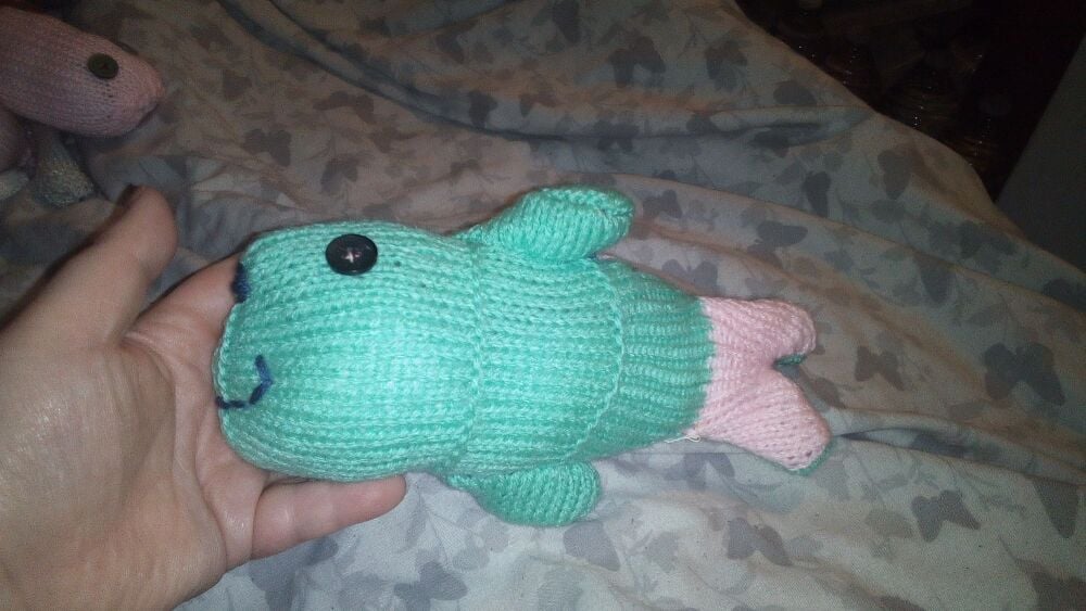 Mint And Pale Pink Midi MerFish with Black Eyes Knitted Soft Toy