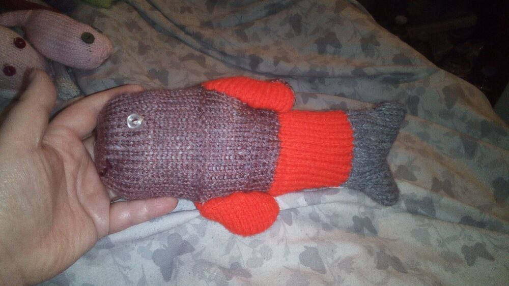 Grey, Red And Dark Salmon Midi MerFish with Cream Pearly Eyes Knitted Soft Toy