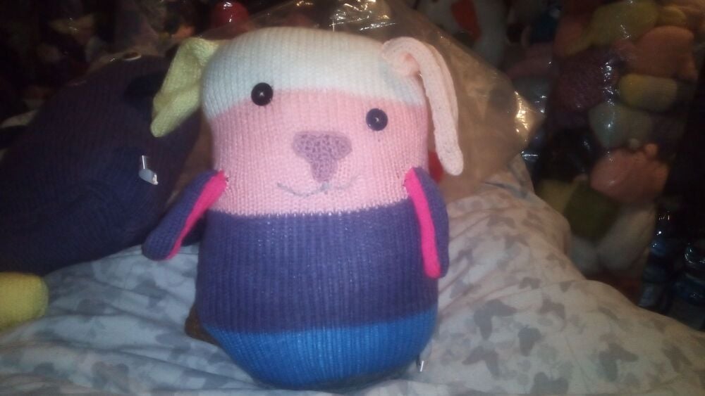 Multicolour Banded with Pink Nose Giant Dog with offset Purple Eyes Knitted By KittyMumma