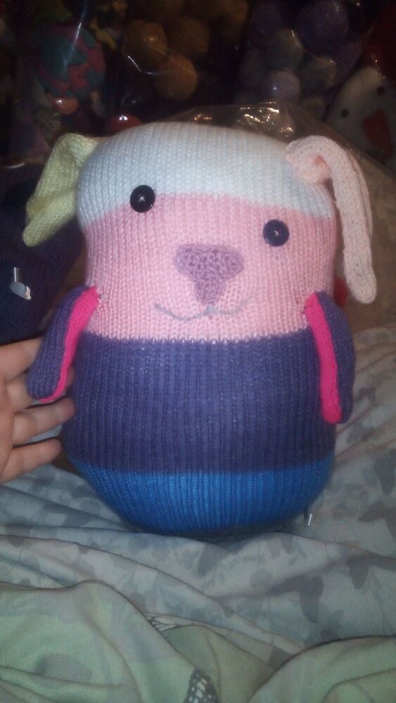 Multicolour Banded with Pink Nose Giant Dog with offset Purple Eyes Knitted By KittyMumma