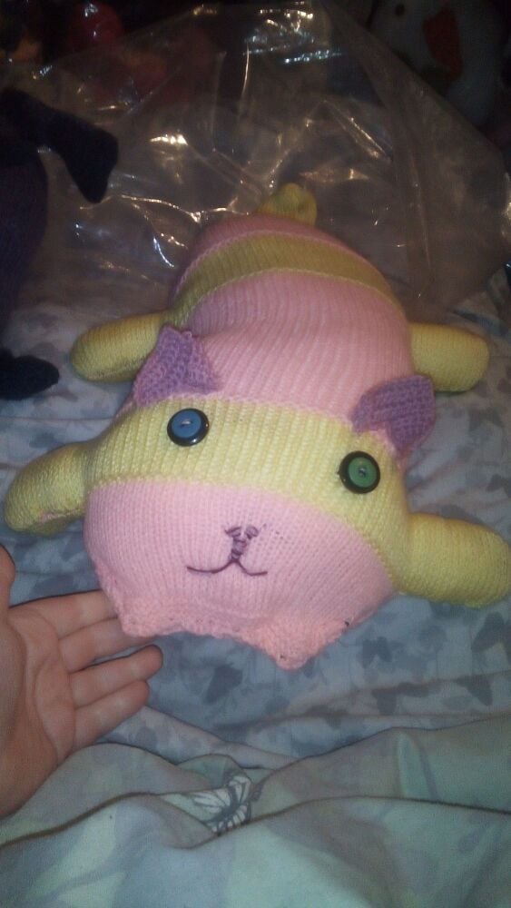 Pink & Lemon Banded Eared Giant Scuttlecat with 1 Green, 1 Blue Black Eyes Knitted Soft Toy