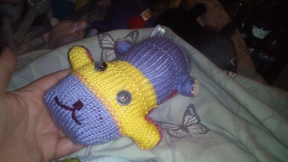 Purple, Yellow, Berry & Dark Cream Tailless Scuttlecat with Grey/Slate Eyes- Knitted By KittyMumma Soft Toy